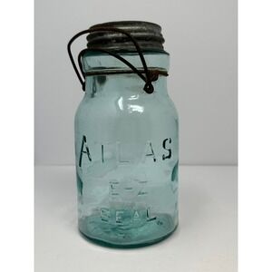 Vintage Atlas EZ Seal Aqua Blue Glass Mason Jar with Zinc Lid and Wire Bail A2